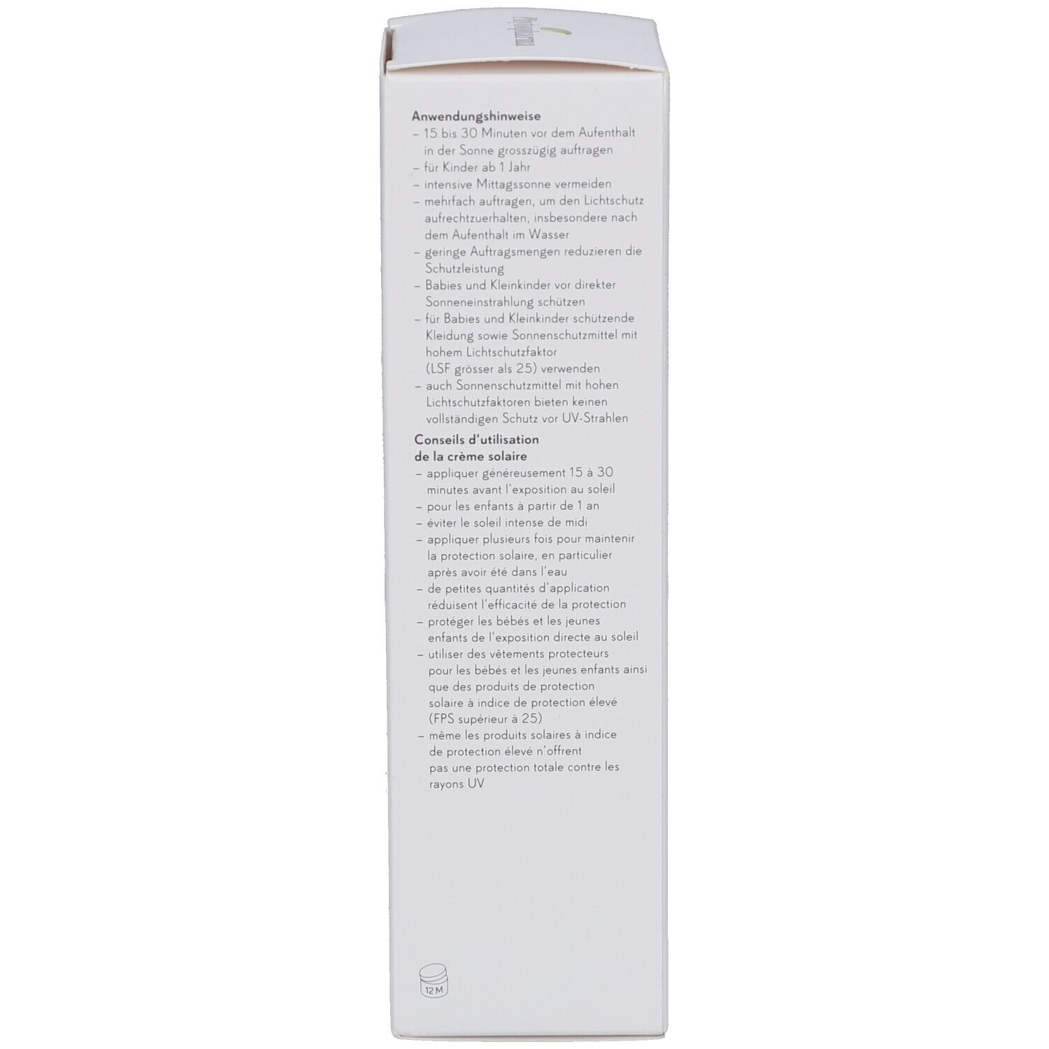 Côté de la boîte de crème solaire. Texte en allemand et français. Informations d'utilisation.