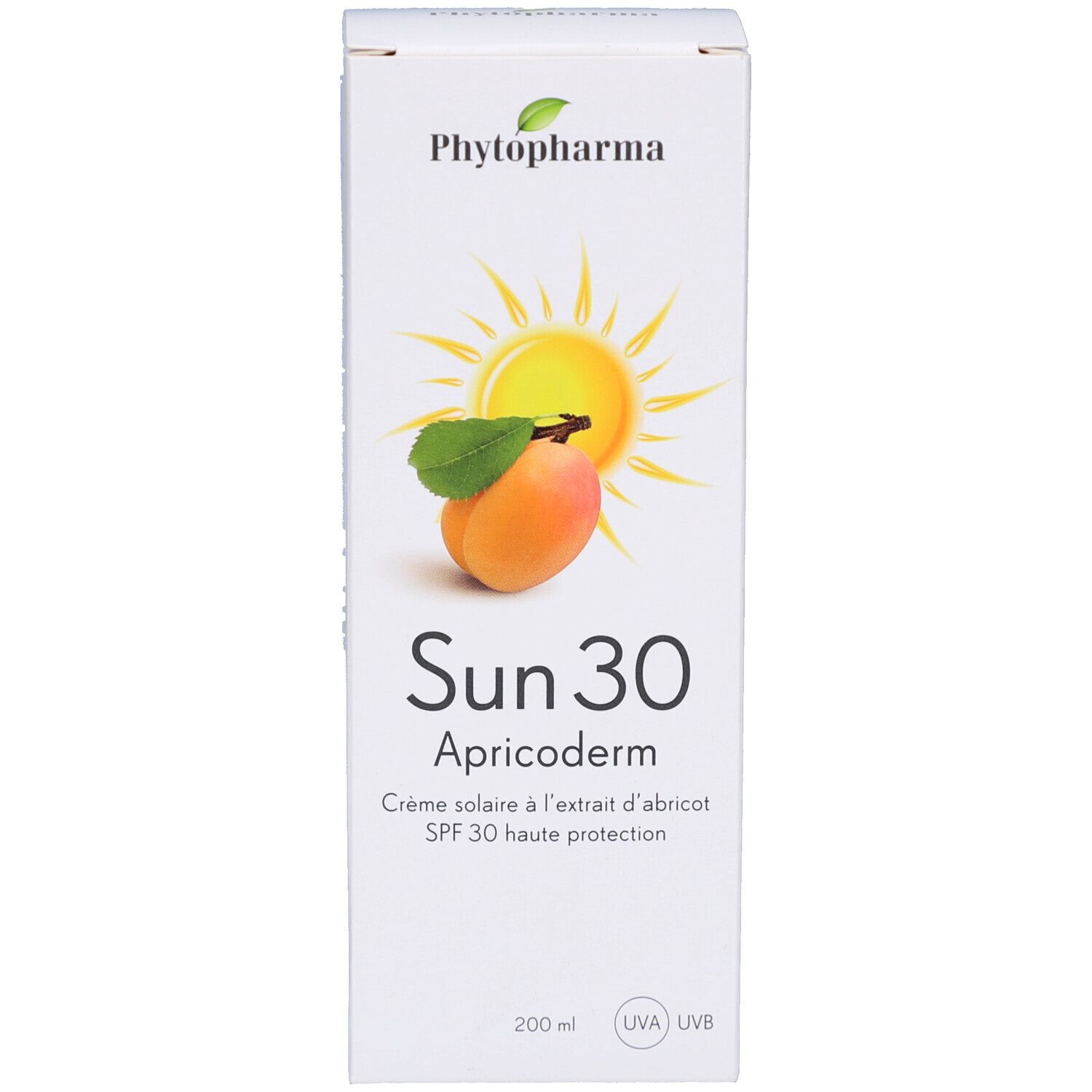 Face avant de la boîte de crème solaire. Inscription: Phytopharma, Sun 30 Apricoderm, crème solaire, SPF 30. Illustration: abricot et soleil.