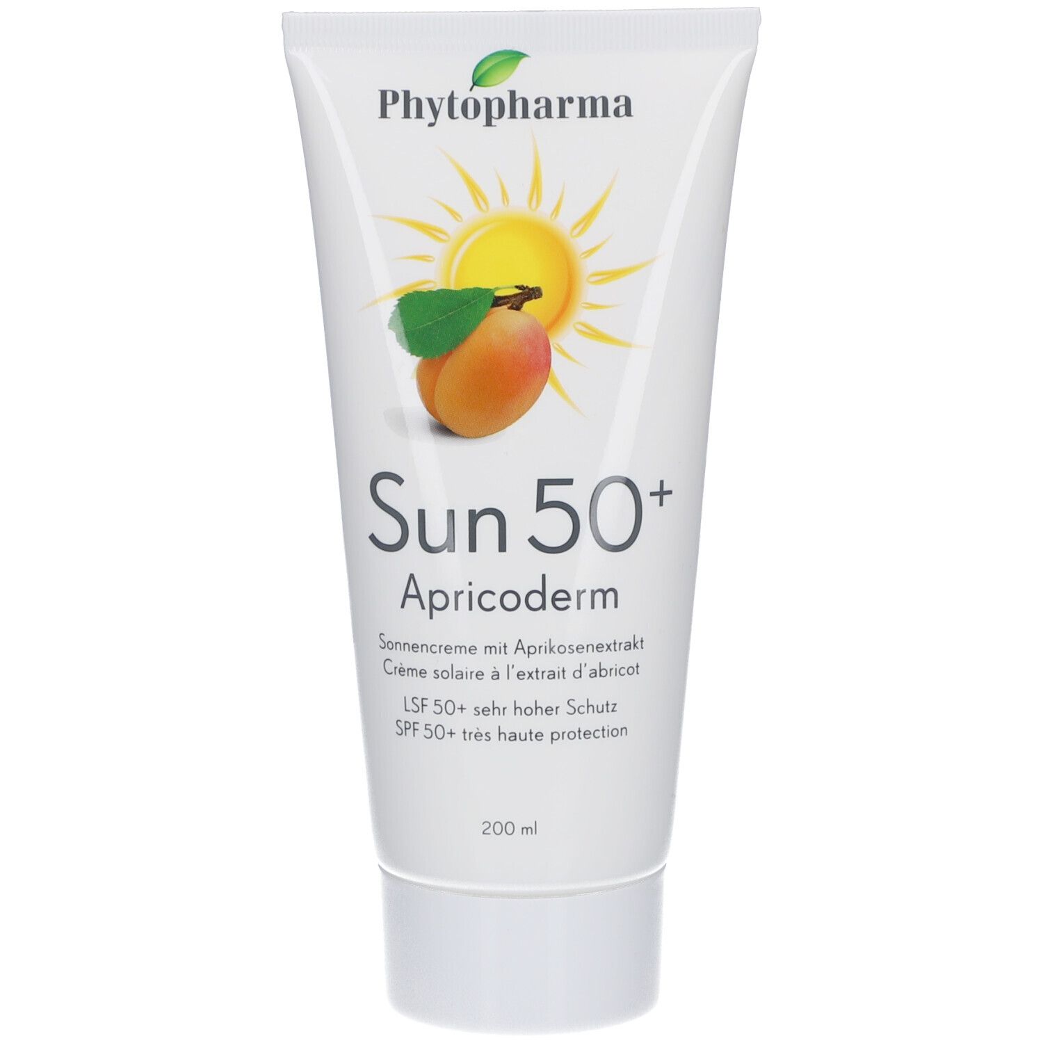 Tube blanche de crème solaire. Impression : marque, motif soleil, abricot, nom du produit, SPF 50+, 200 ml. Bouchon à vis blanc.