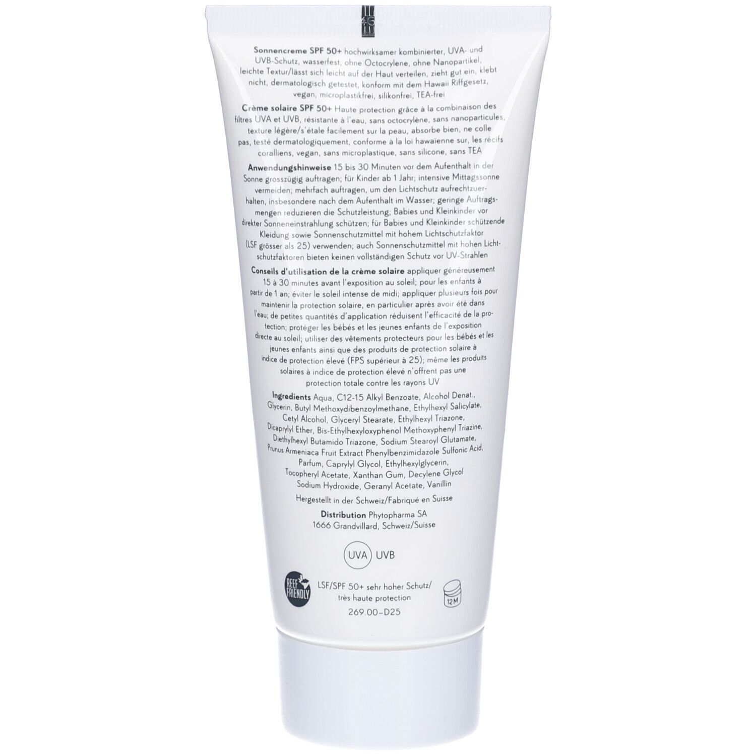 Dos du tube de crème solaire. Texte avec ingrédients, instructions d'utilisation et informations du fabricant. Fond blanc.
