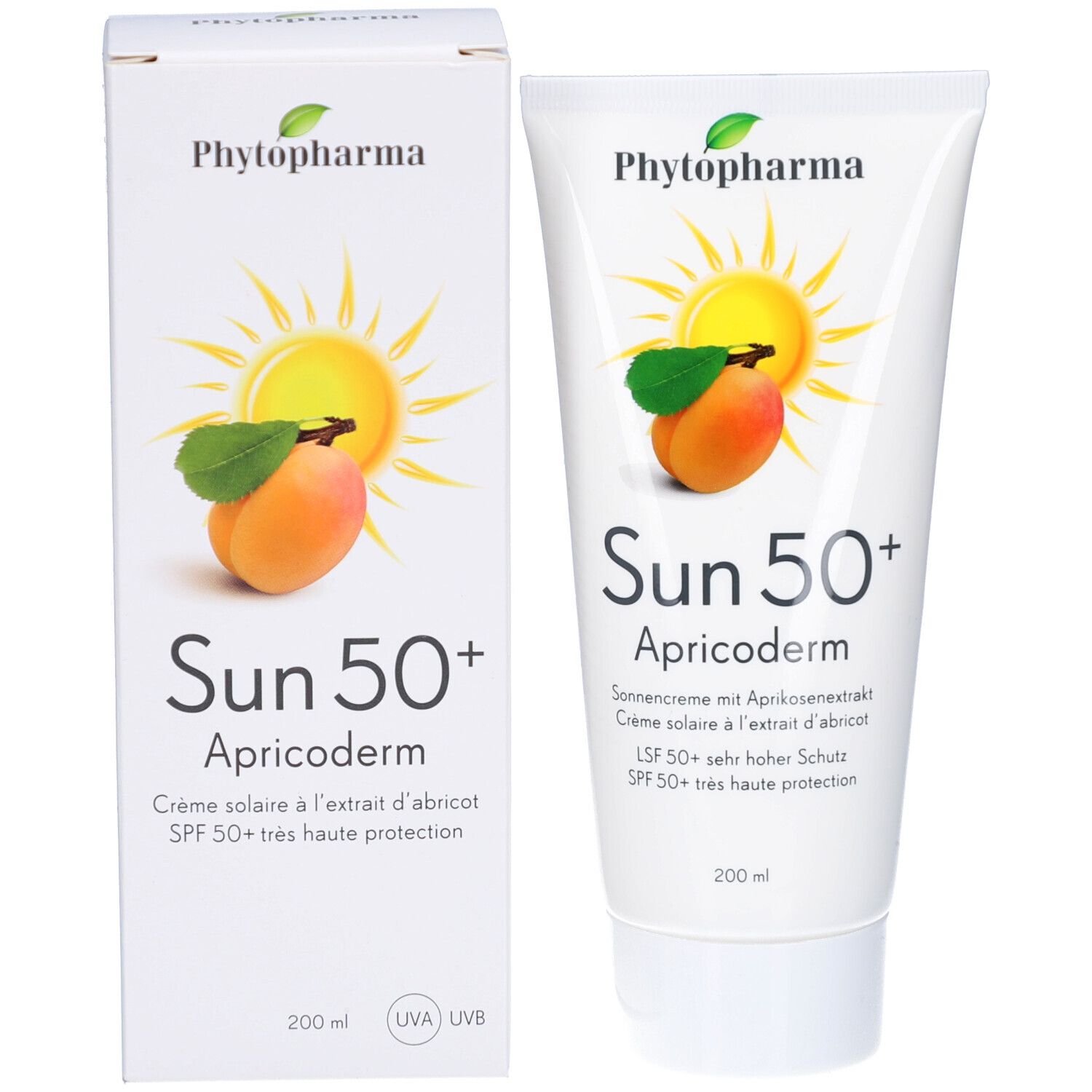Tube et boîte de crème solaire. Impression : marque, motif soleil, abricot, nom du produit, SPF 50+, 200 ml. Fond blanc.