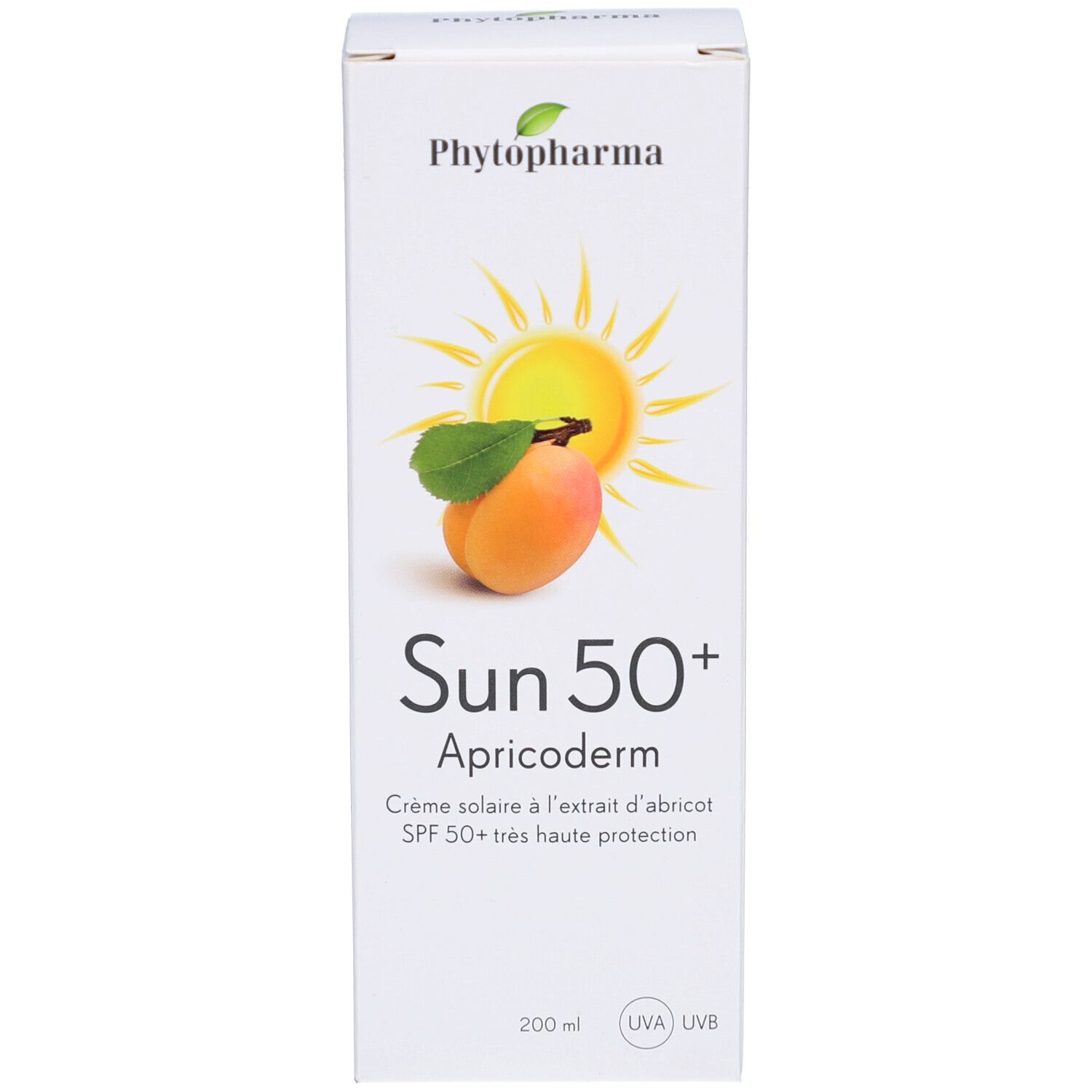 Emballage carton blanc. Impression : marque, motif soleil, abricot, nom du produit, SPF 50+, 200 ml. Logo UVA/UVB.