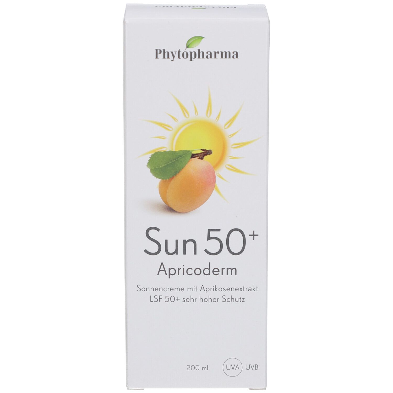 Emballage carton blanc. Impression : marque, motif soleil, abricot, nom du produit, SPF 50+, 200 ml. Logo UVA/UVB.