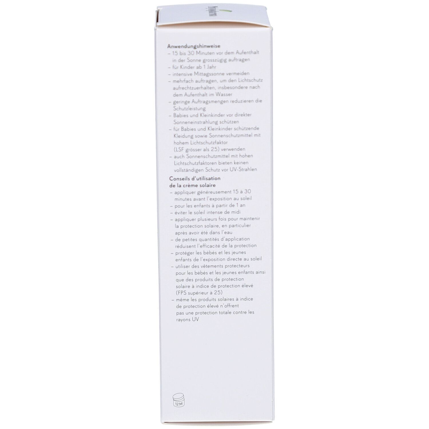 Côté de l'emballage en carton. Texte avec instructions d'utilisation et informations du fabricant. Fond blanc.