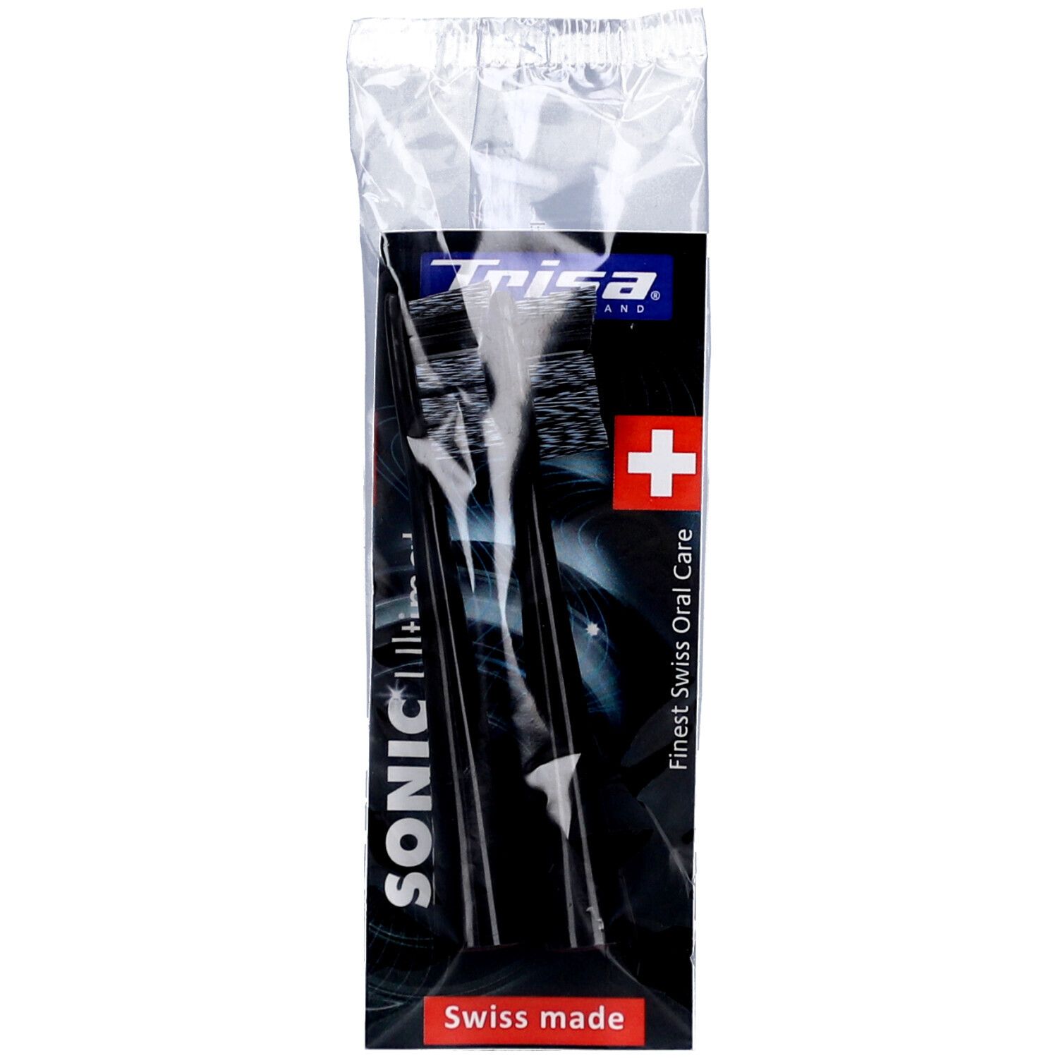 Paquet de brosses à dents noires. Inscription: Trisa Sonic, Swiss made. Croix suisse.