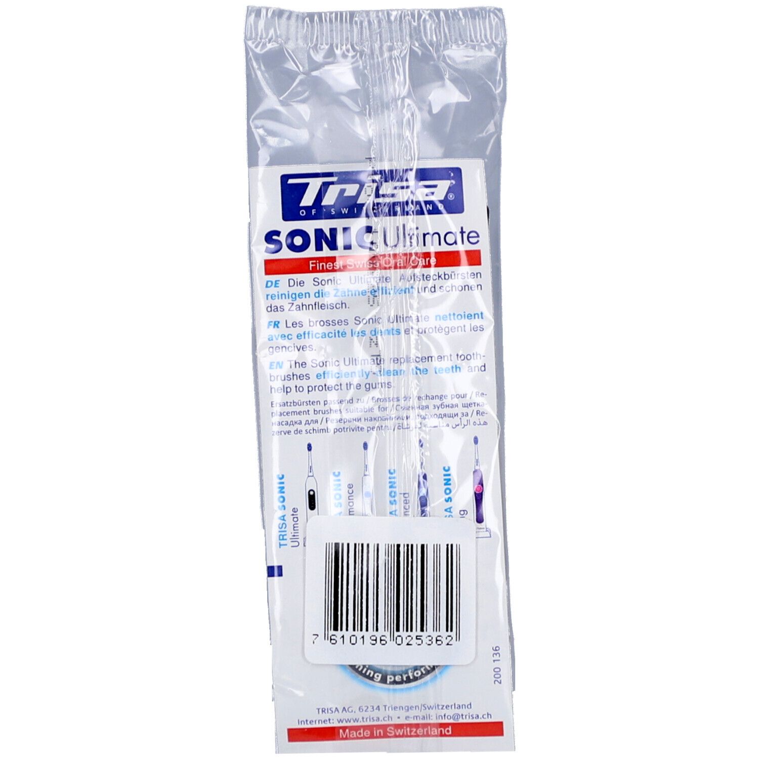 Paquet de brosses à dents Trisa Sonic Ultimate. Texte et code-barres. Fabriqué en Suisse.