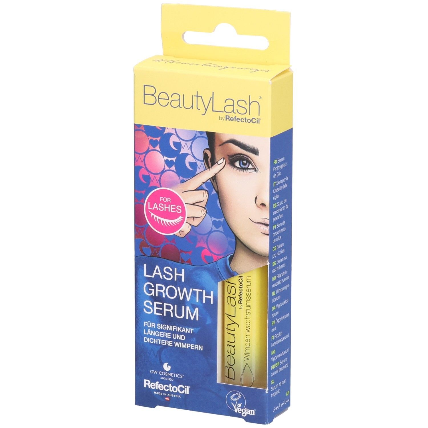 Emballage de sérum de croissance des cils BeautyLash. Inscription : Lash Growth Serum. Illustration d'un œil.