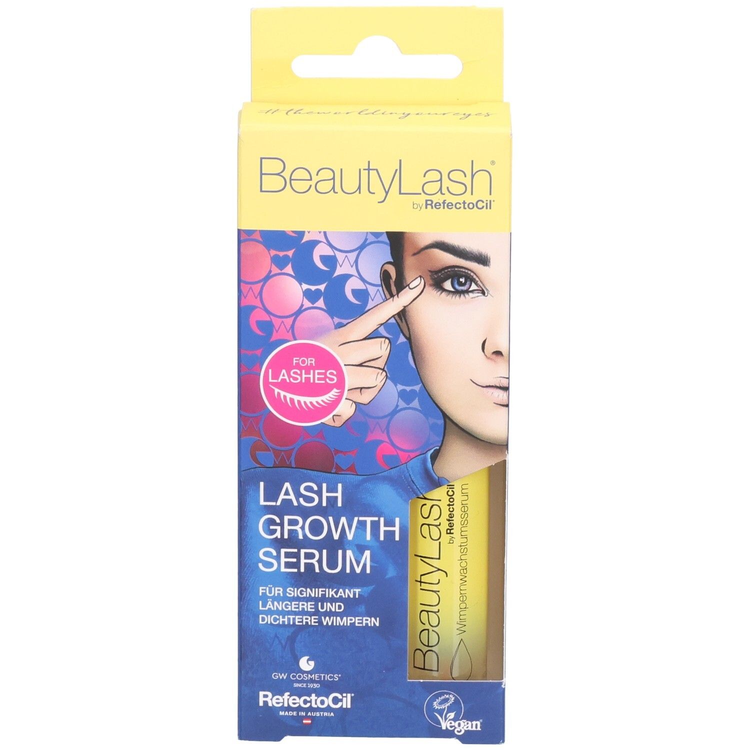 Emballage de sérum de croissance des cils BeautyLash. Inscription : Lash Growth Serum. Illustration d'un œil.