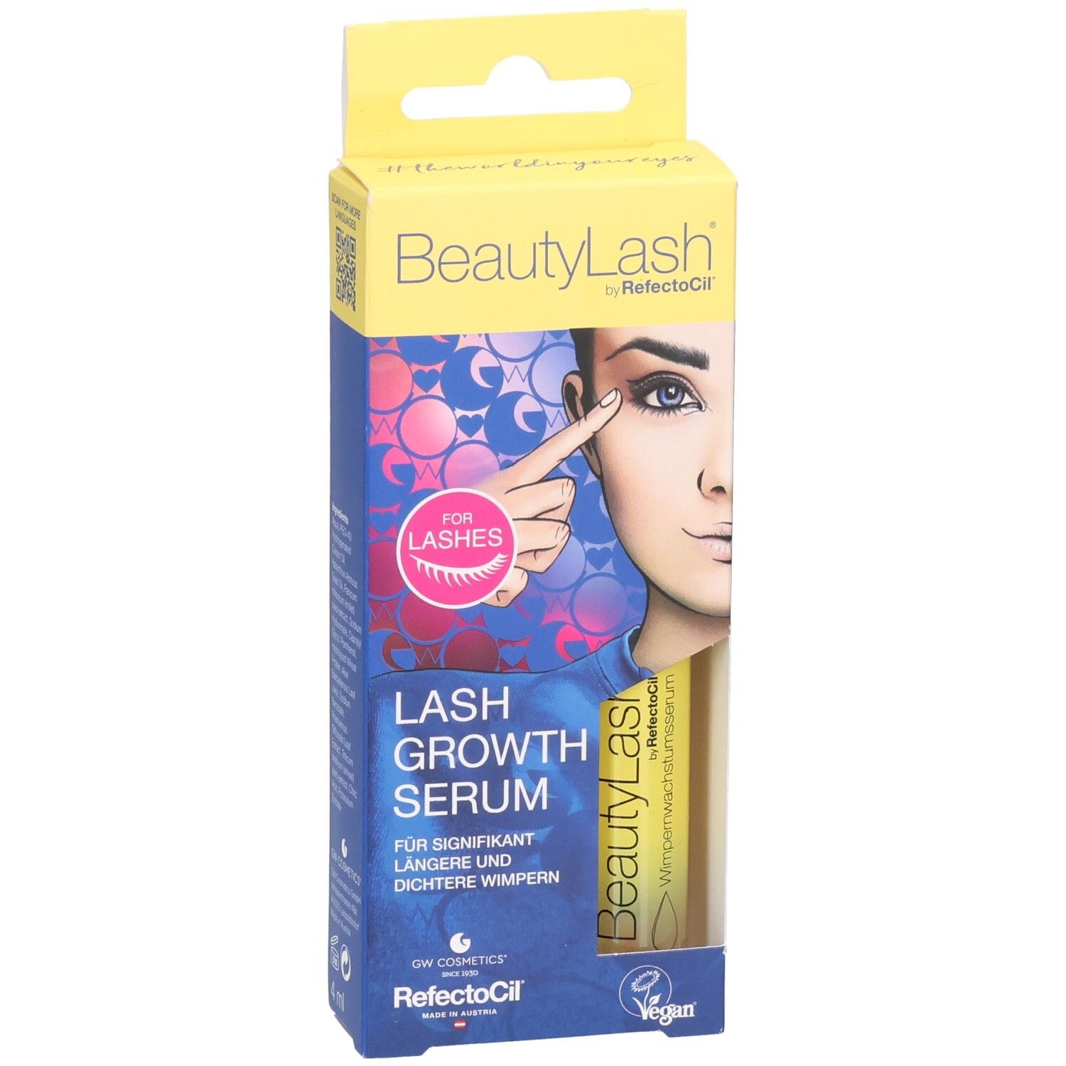 Emballage de sérum de croissance des cils BeautyLash. Inscription : Lash Growth Serum. Illustration d'un œil.