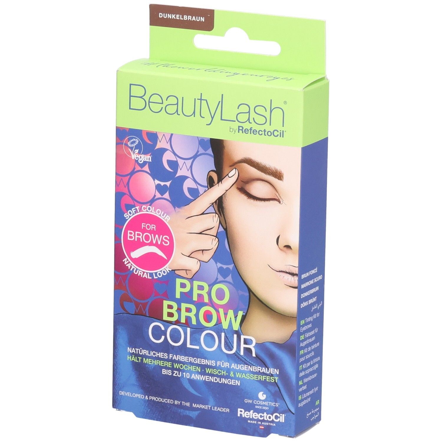 BeautyLash Pro Brow Colour, couleur pour sourcils. Emballage avec illustration du produit. Label végan. Teinte: Brun foncé.