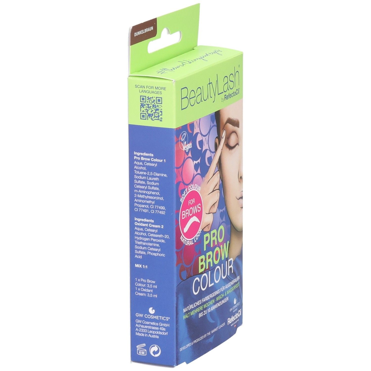 BeautyLash Pro Brow Colour, vue latérale de l'emballage. Contient des ingrédients. Code QR. Illustration du produit. Teinte: Brun foncé.