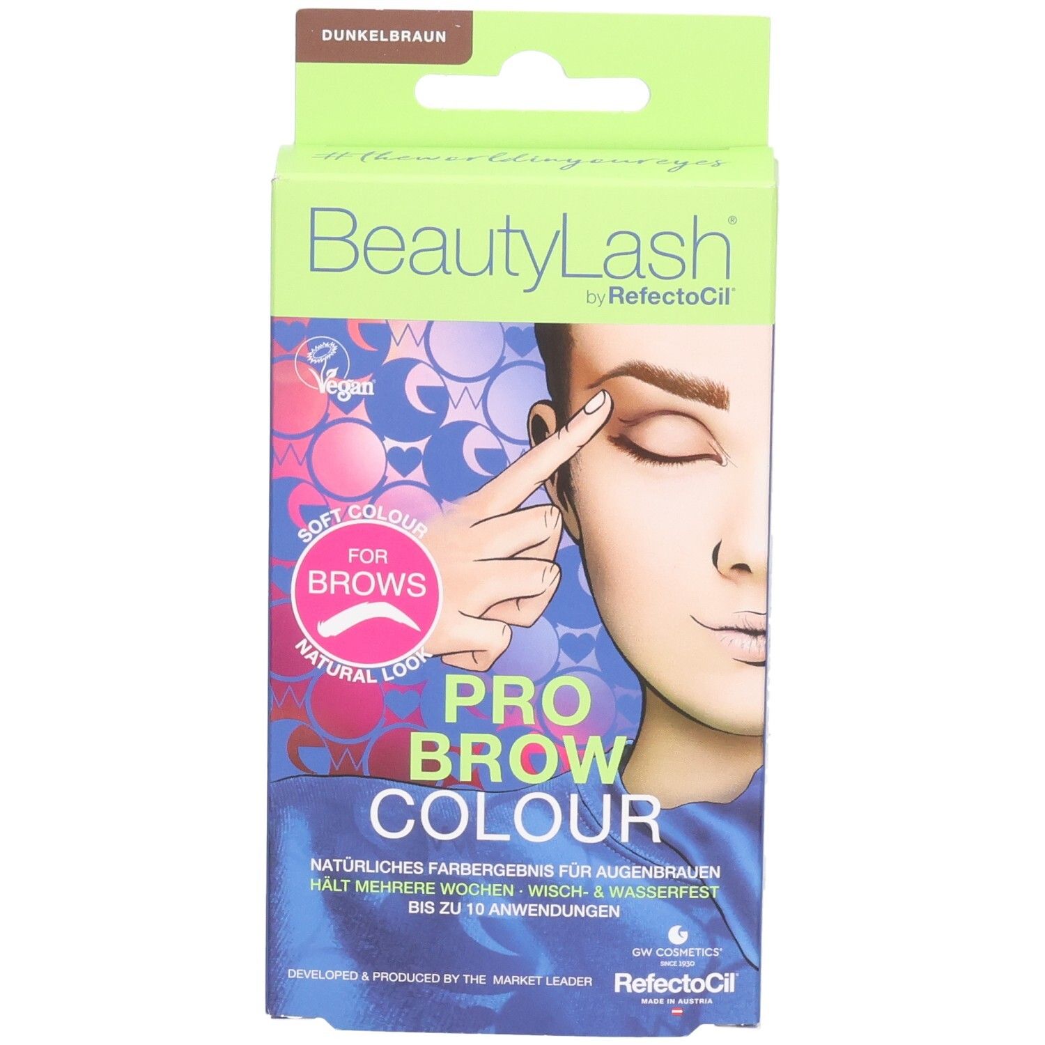 BeautyLash Pro Brow Colour, couleur pour sourcils. Emballage avec illustration du produit. Label végan. Teinte: Brun foncé.