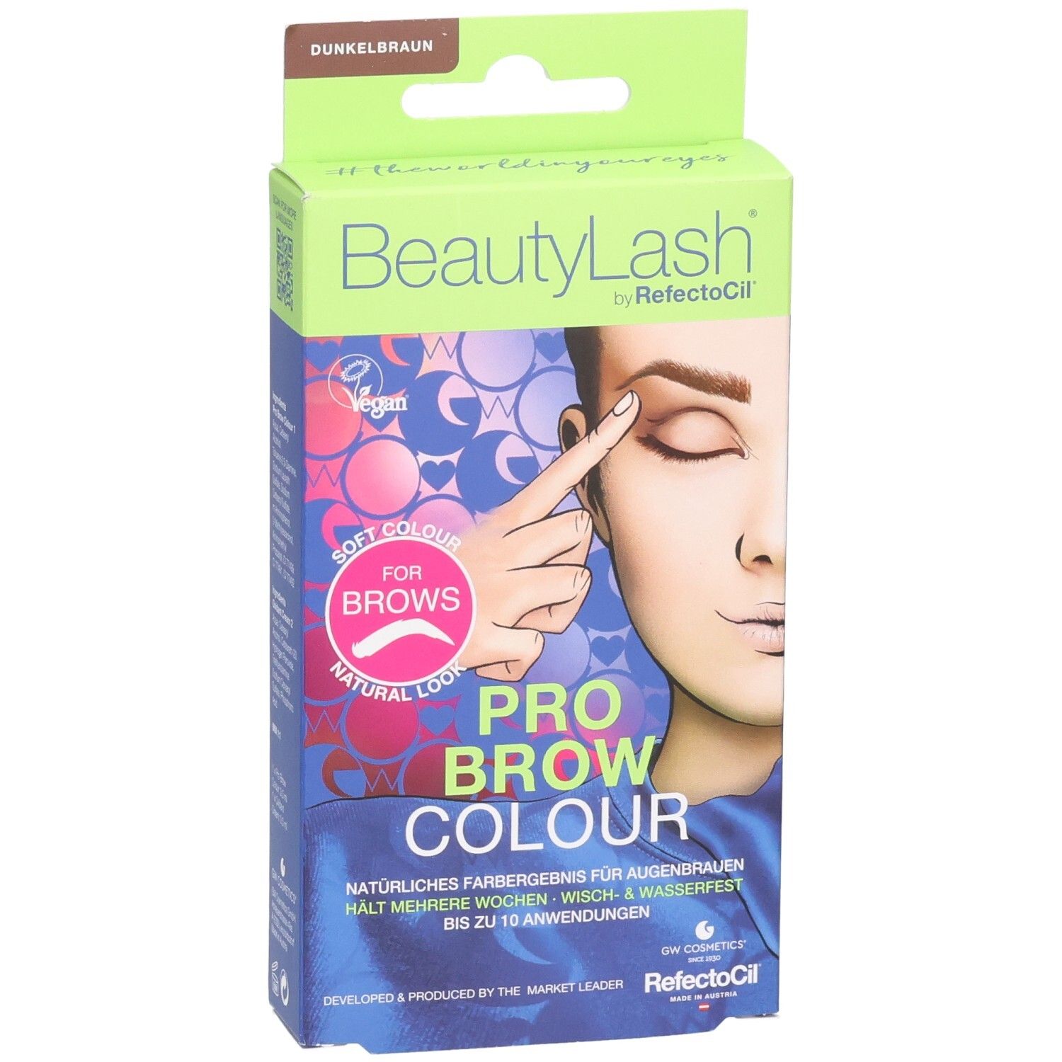 BeautyLash Pro Brow Colour, couleur pour sourcils. Emballage avec illustration du produit. Label végan. Teinte: Brun foncé.