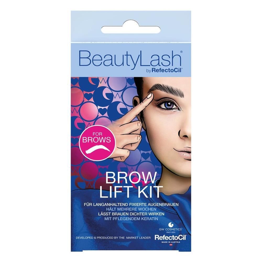 Emballage du kit Brow Lift. Inscription: BeautyLash, Brow Lift Kit, pour les sourcils. Illustration d'un visage avec une main.