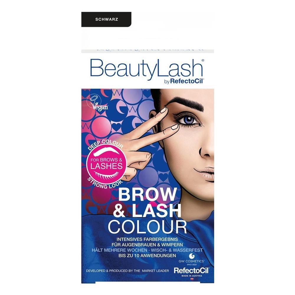 BeautyLash Brow & Lash Colour Noir : emballage cartonné avec illustration d'une femme et informations produit.
