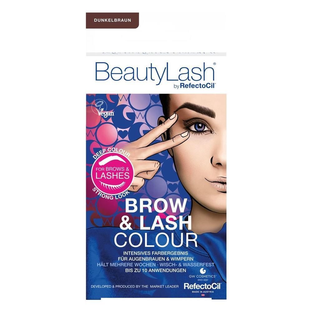 Boîte BeautyLash Brow & Lash Colour. Brun foncé. Contient une illustration et du texte. Logo végan.
