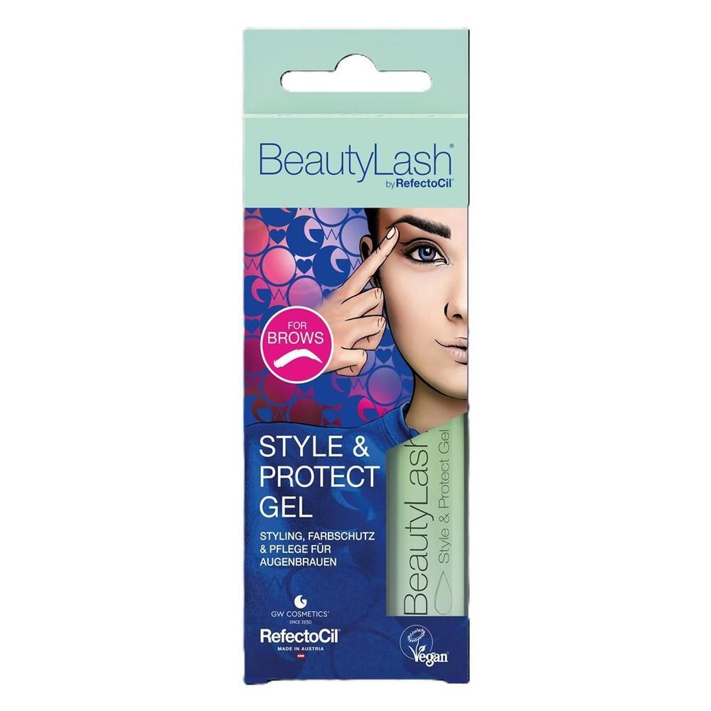 Emballage de BeautyLash Style & Protect Gel. Tube de gel et carton avec image et texte. Label Vegan.