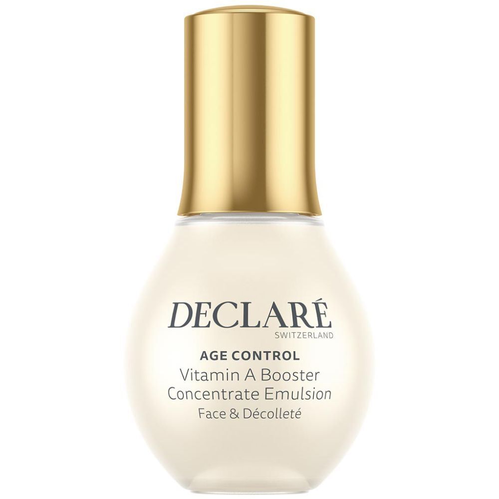 Flacon beige à bouchon doré. Inscription : DECLARÉ, AGE CONTROL, Vitamin A Booster, Concentrate Emulsion, Face & Décolleté.