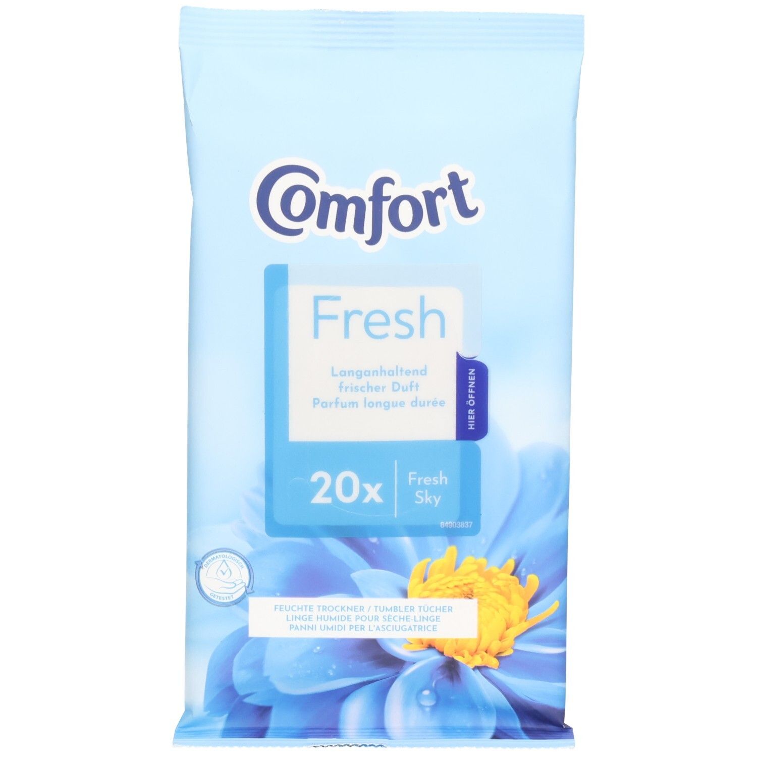 Paquet de lingettes pour sèche-linge. Fond bleu clair avec nom du produit et "Fresh Sky". Contient 20 lingettes. Fleur bleue.