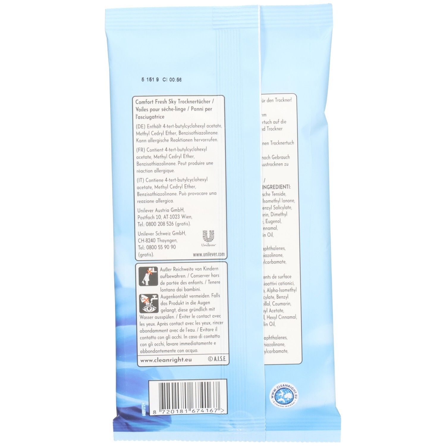Dos du paquet de lingettes pour sèche-linge. Informations textuelles en allemand, français, italien et anglais. Ingrédients.