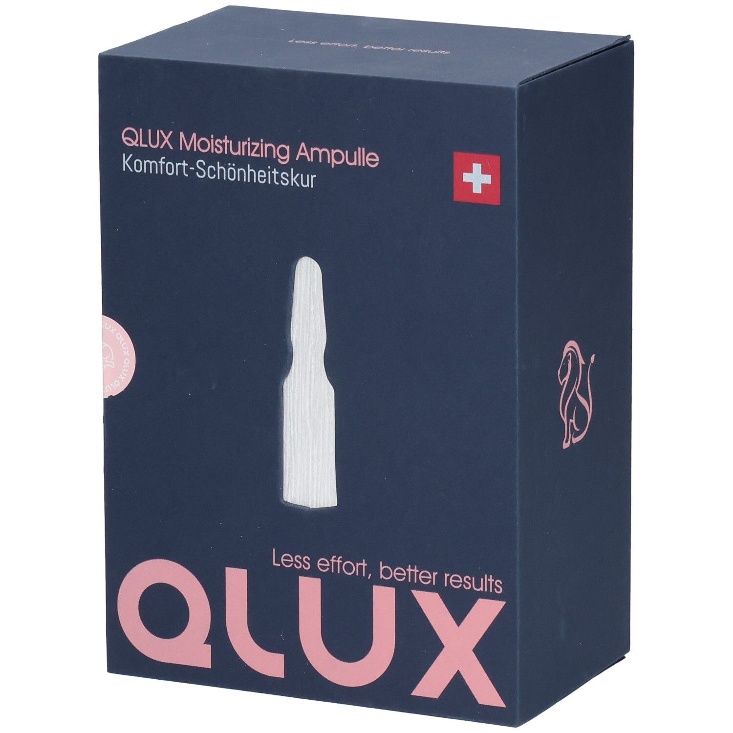 Boîte bleu foncé avec logo QLUX et image d'ampoule. Texte: QLUX Moisturizing Ampulle, Komfort-Schönheitskur. Croix suisse.