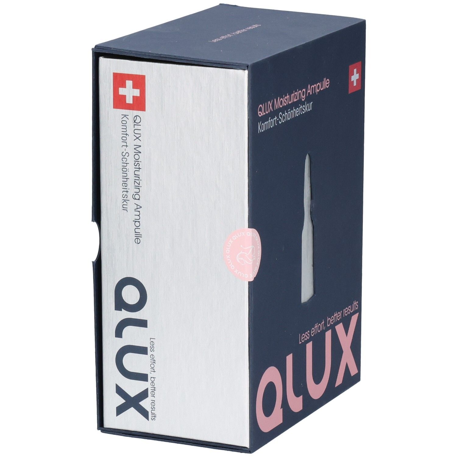Boîte bleu foncé avec logo QLUX et image d'ampoule. Texte: QLUX Moisturizing Ampulle, Komfort-Schönheitskur. Croix suisse.