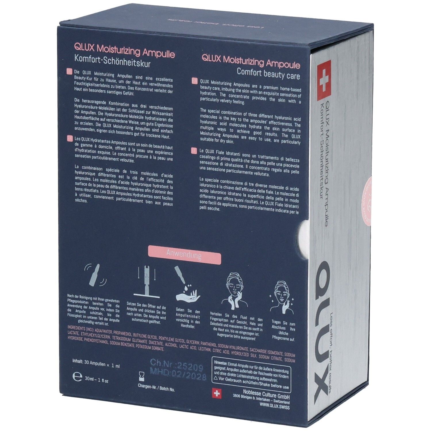 Dos de la boîte avec texte et illustrations. Texte: QLUX Moisturizing Ampulle, Komfort-Schönheitskur. Croix suisse.