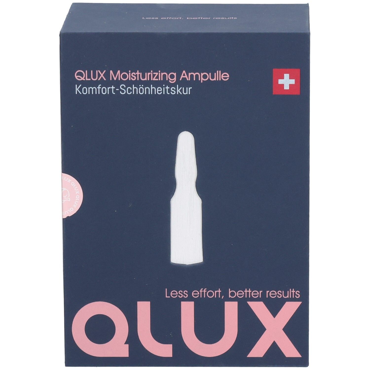 Boîte bleu foncé avec logo QLUX et image d'ampoule. Texte: QLUX Moisturizing Ampulle, Komfort-Schönheitskur. Croix suisse.