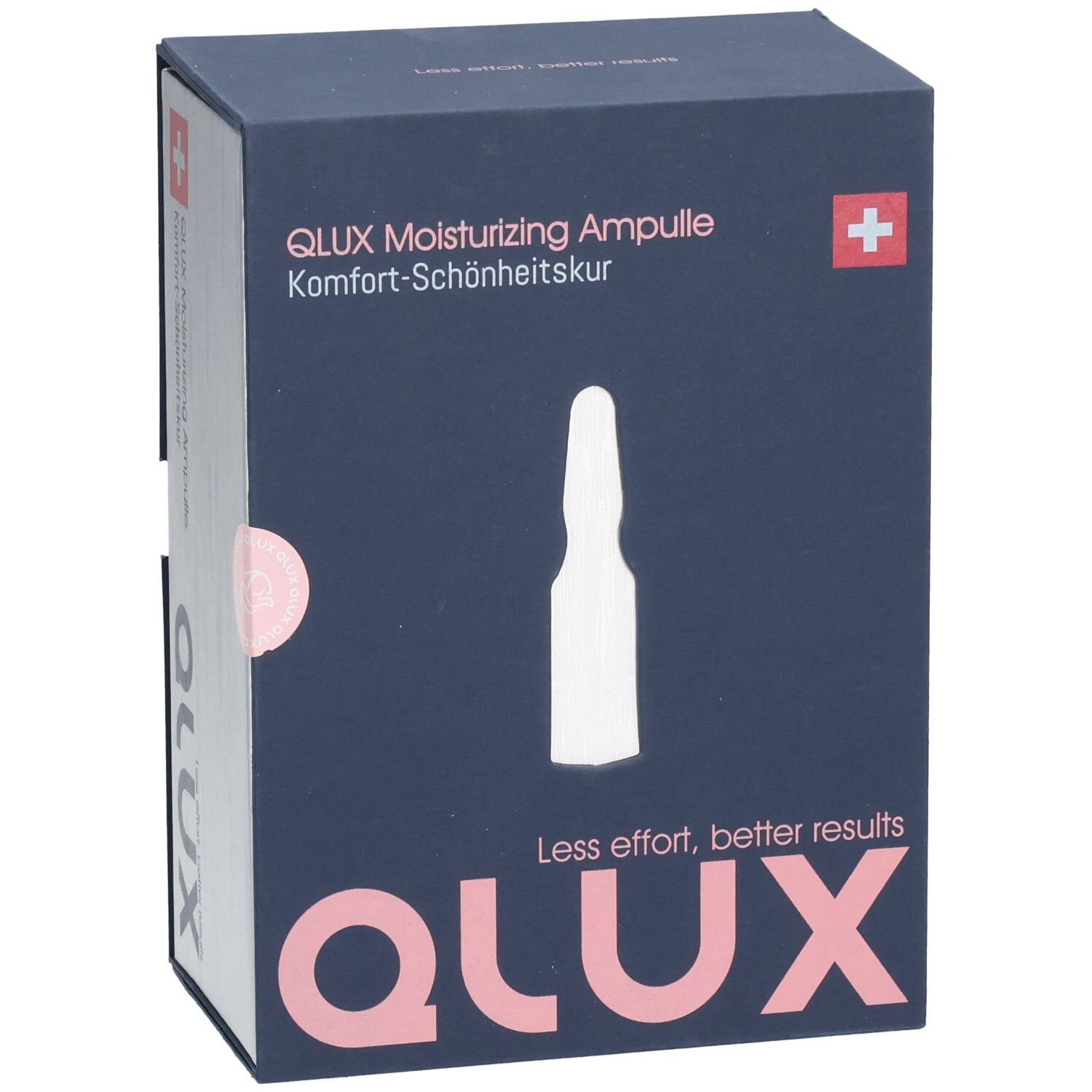 Boîte bleu foncé avec logo QLUX et image d'ampoule. Texte: QLUX Moisturizing Ampulle, Komfort-Schönheitskur. Croix suisse.