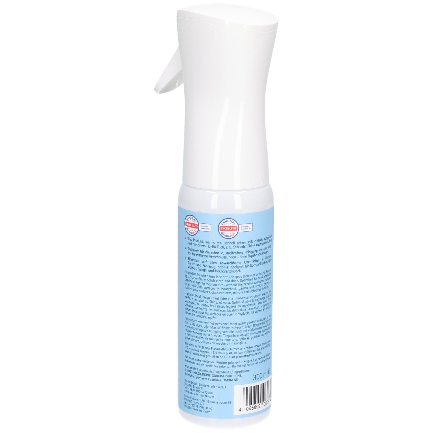 Flacon pulvérisateur blanc avec étiquette bleue. Texte et code-barres sur l'étiquette. Vue arrière.