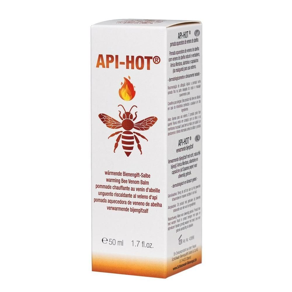 Boîte blanche API-HOT. Logo: abeille et flamme. Texte: pommade chauffante au venin d'abeille. 50 ml.
