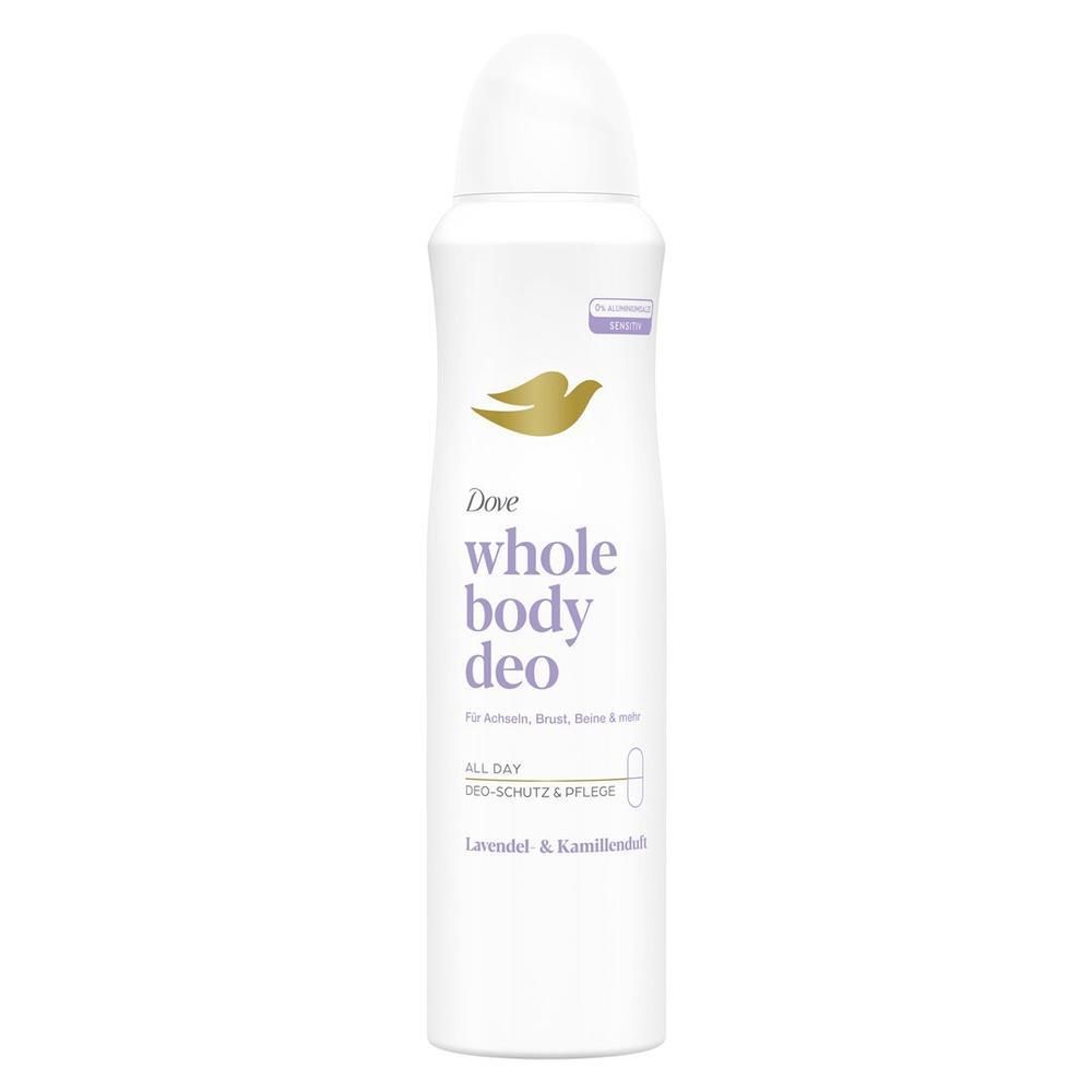Déodorant aérosol blanc avec tête de pulvérisation. Logo Dove et nom du produit. Texte : Lavande & Camomille.