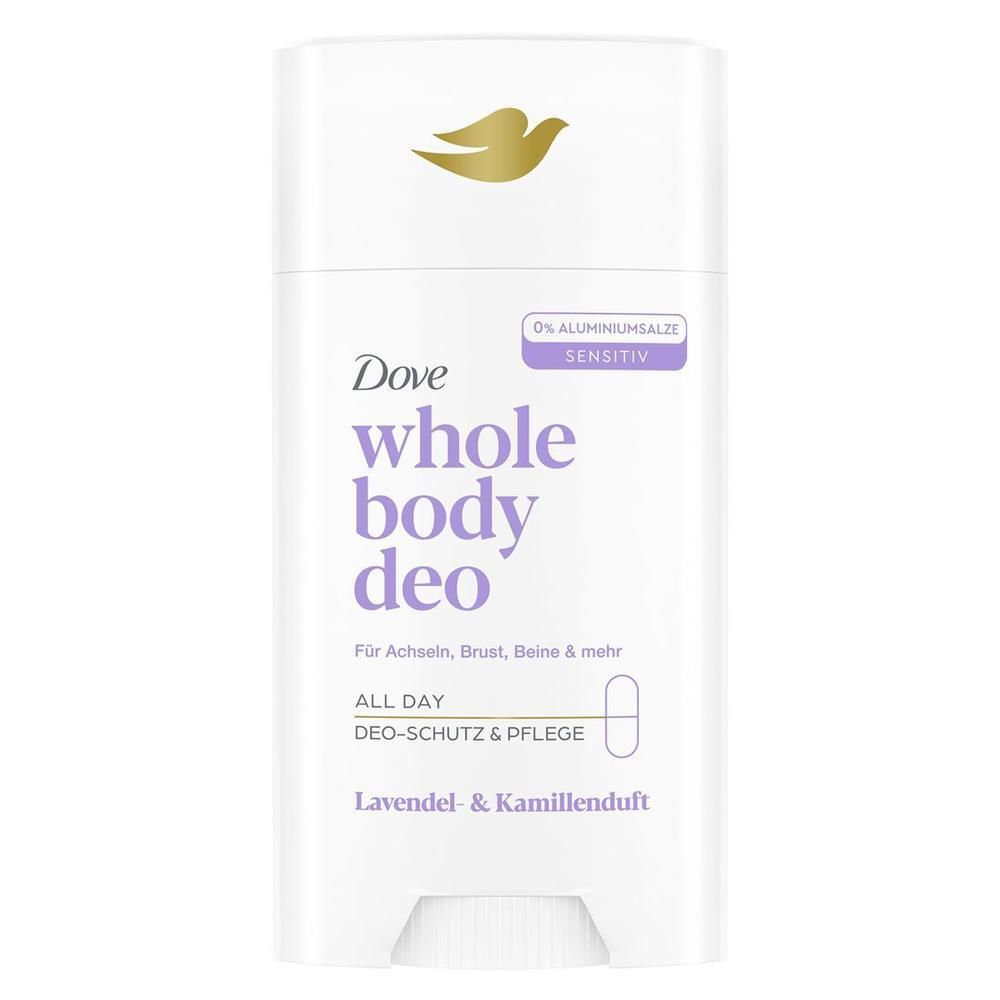 Stick de déodorant blanc avec texte violet. Logo Dove. Texte: whole body deo, Lavande & Camomille. Sensitif. 0% sels d'aluminium.
