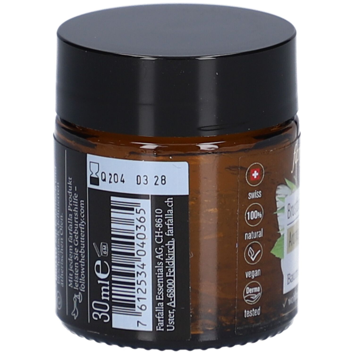 Pot en verre brun avec couvercle noir. Étiquette avec texte et code-barres. Texte: 30 ml. Logos: Swiss, 100% naturel, vegan, Derma tested.