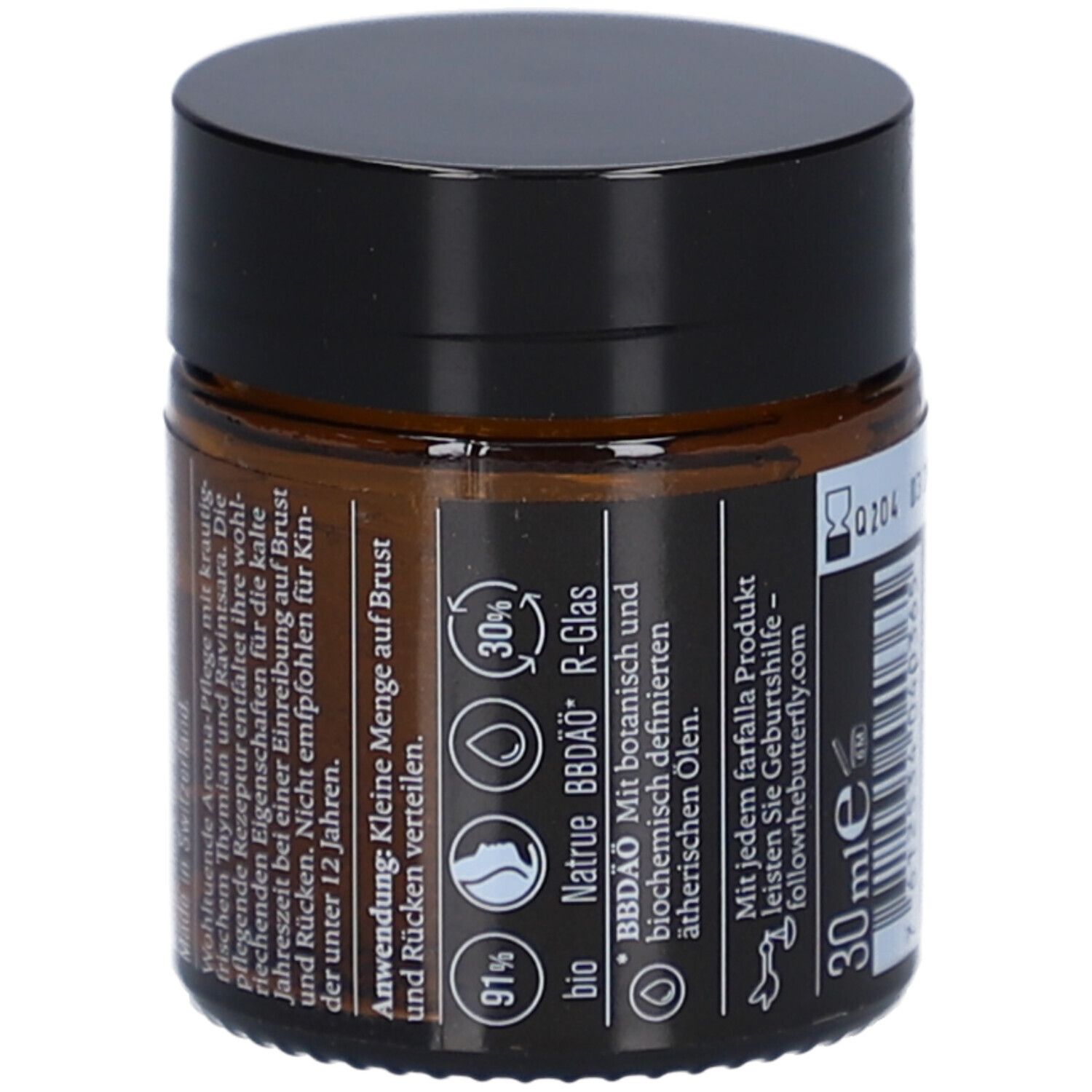 Pot en verre brun avec couvercle noir. Étiquette avec texte et symboles. Texte: 30 ml. Logos: bio, R-Glas, 91%, 30%.
