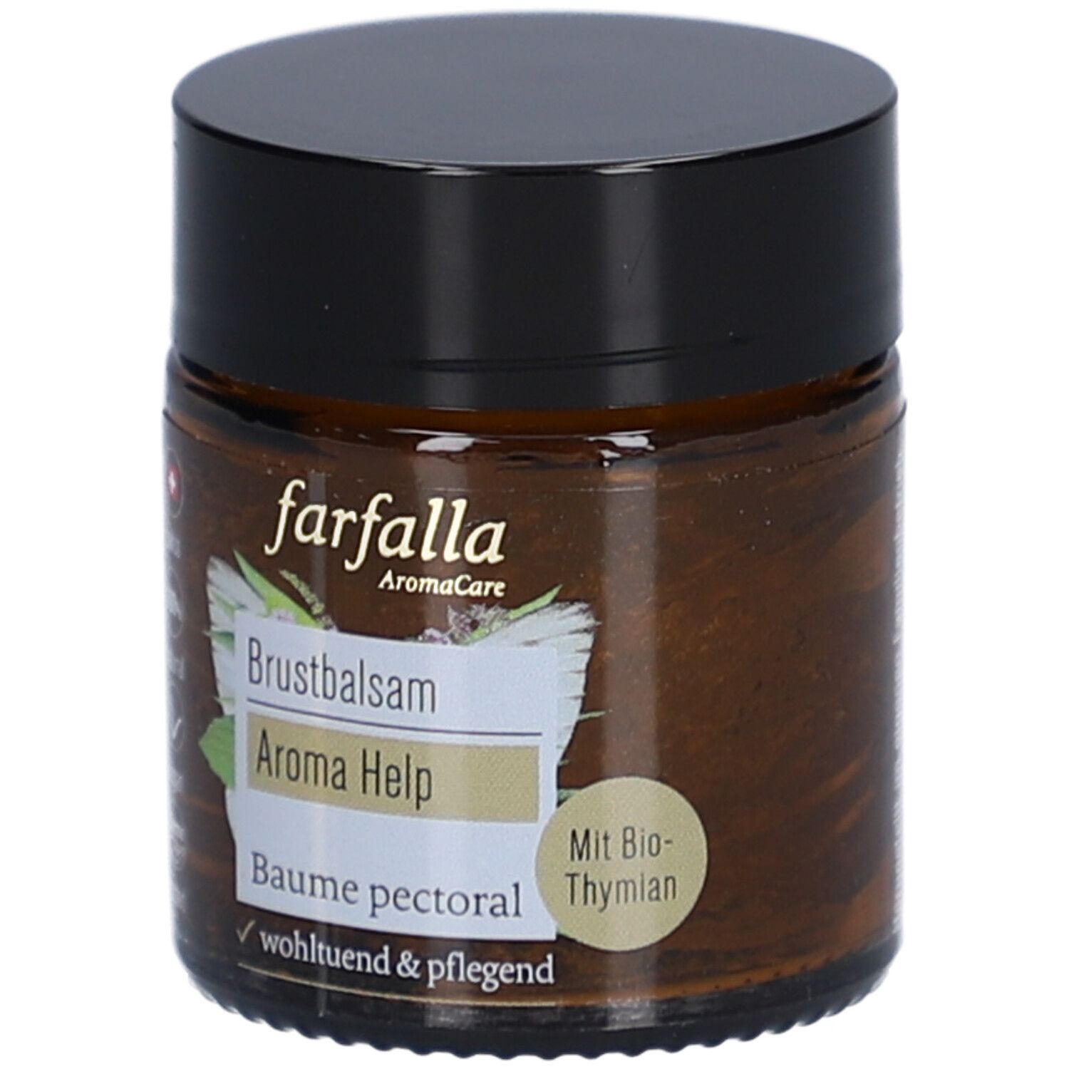 Pot en verre brun avec couvercle noir. Étiquette avec texte: Brustbalsam Aroma Help, Baume pectoral. Avec Bio-Thym.