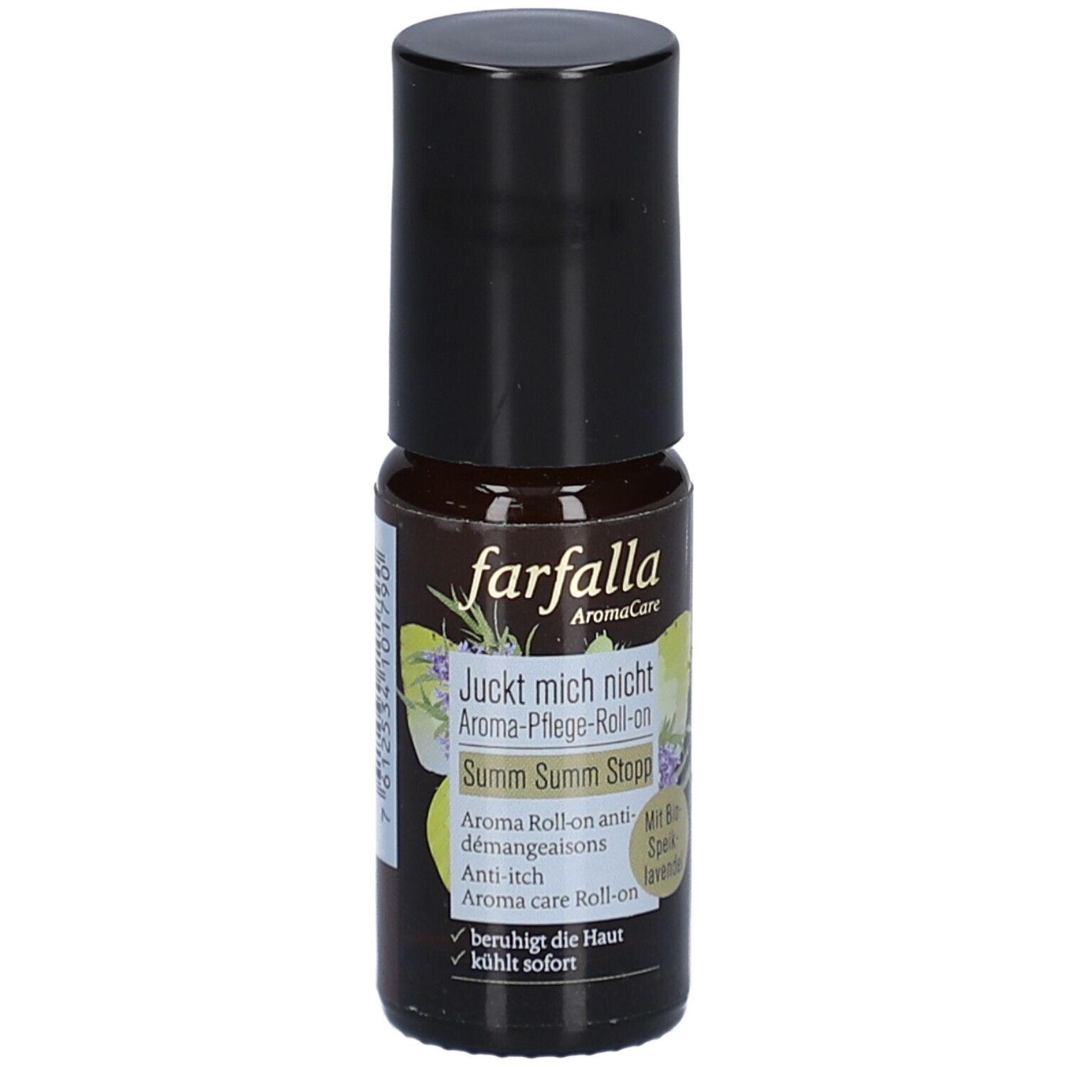 Flacon roll-on brun avec bouchon noir. Inscription : farfalla, Aroma-Pflege-Roll-on, Juckt mich nicht, Summ Summ Stopp.