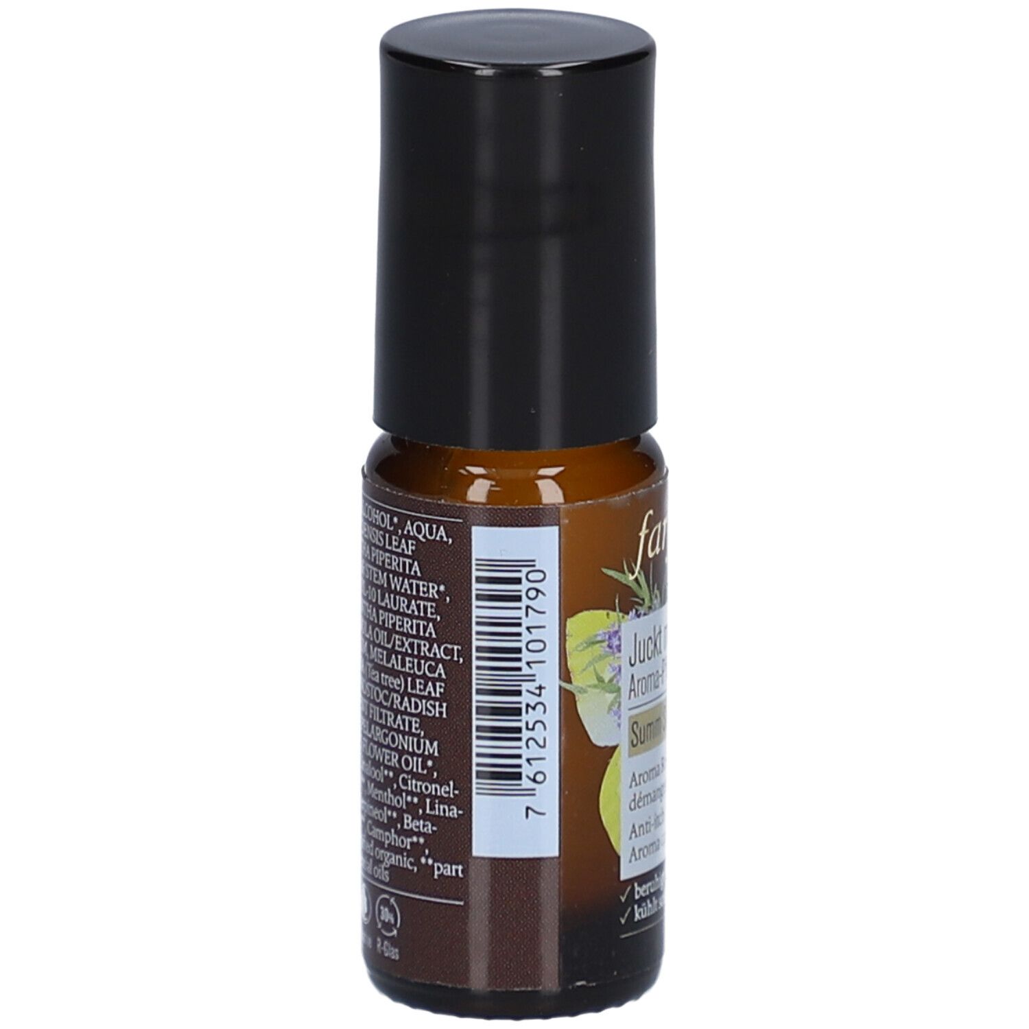 Flacon roll-on brun avec bouchon noir. Inscription : farfalla. Code-barres et liste des ingrédients au dos.