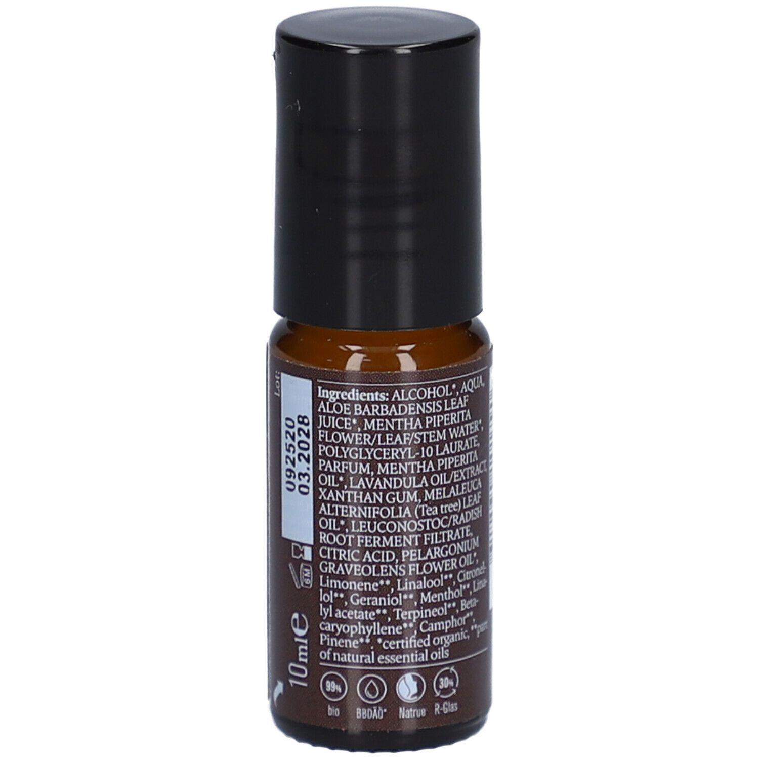 Flacon roll-on brun avec bouchon noir. Liste des ingrédients et numéro de lot au dos.