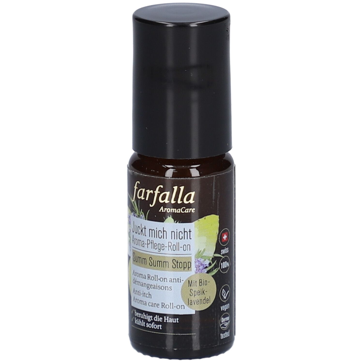 Flacon roll-on brun avec bouchon noir. Inscription : farfalla, Aroma-Pflege-Roll-on, Juckt mich nicht, Summ Summ Stopp.