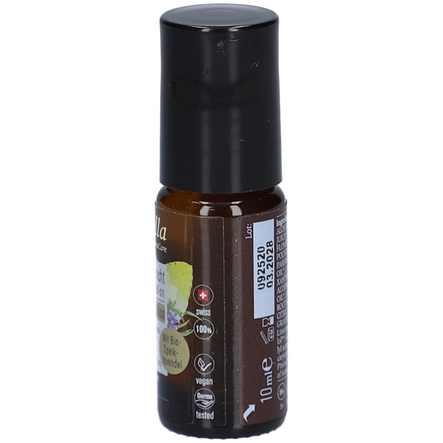 Flacon roll-on brun avec bouchon noir. Inscription : farfalla, 10ml, vegan, swiss, qualité bio.