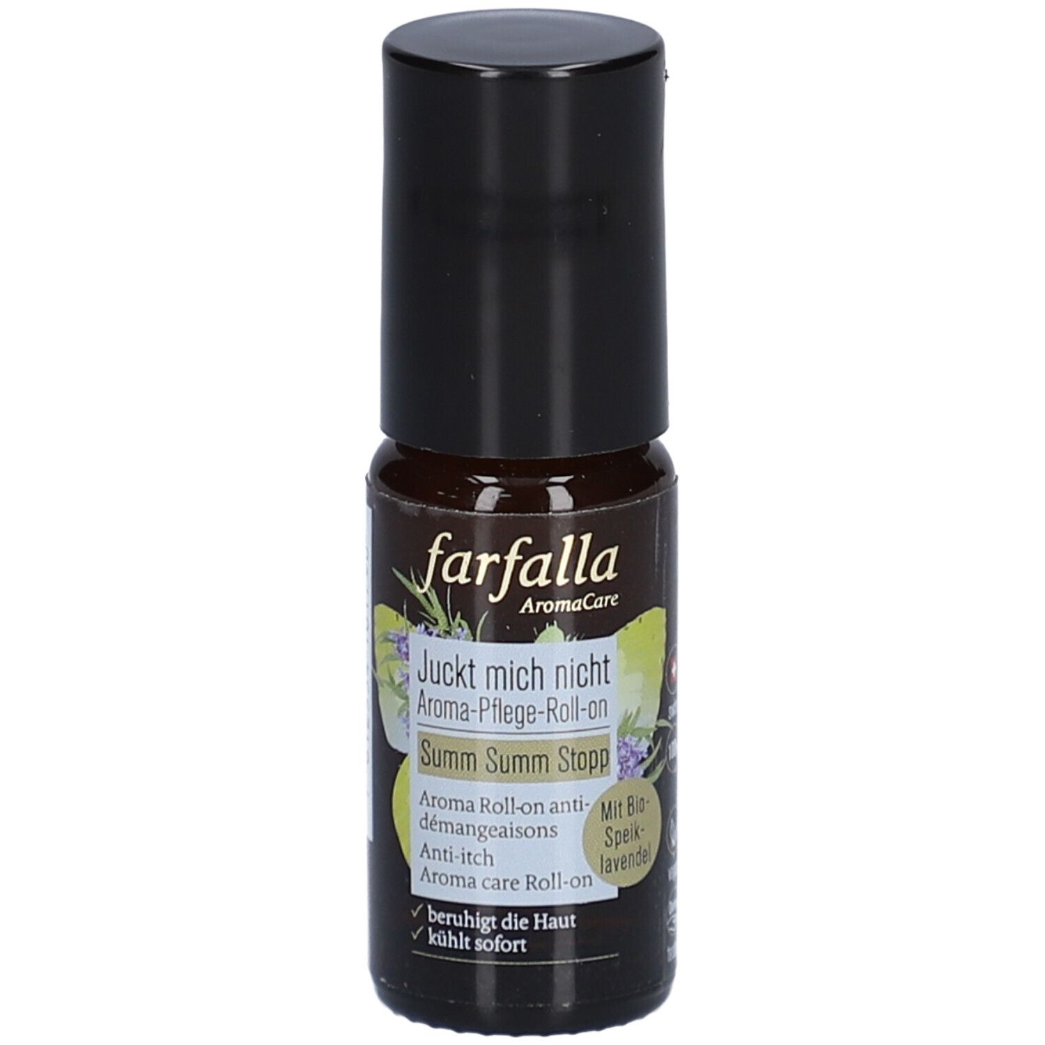 Flacon roll-on brun avec bouchon noir. Inscription : farfalla, Aroma-Pflege-Roll-on, Juckt mich nicht, Summ Summ Stopp.
