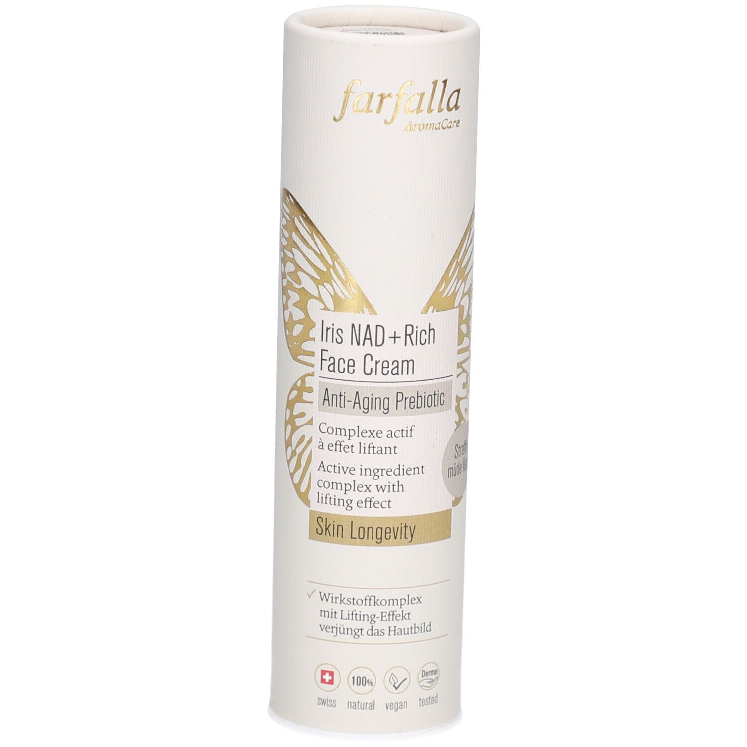 Emballage cylindrique avec nom et logo du produit. Texte : Iris NAD+ Rich Face Cream, Anti-Aging Prebiotic. Graphique papillon doré.