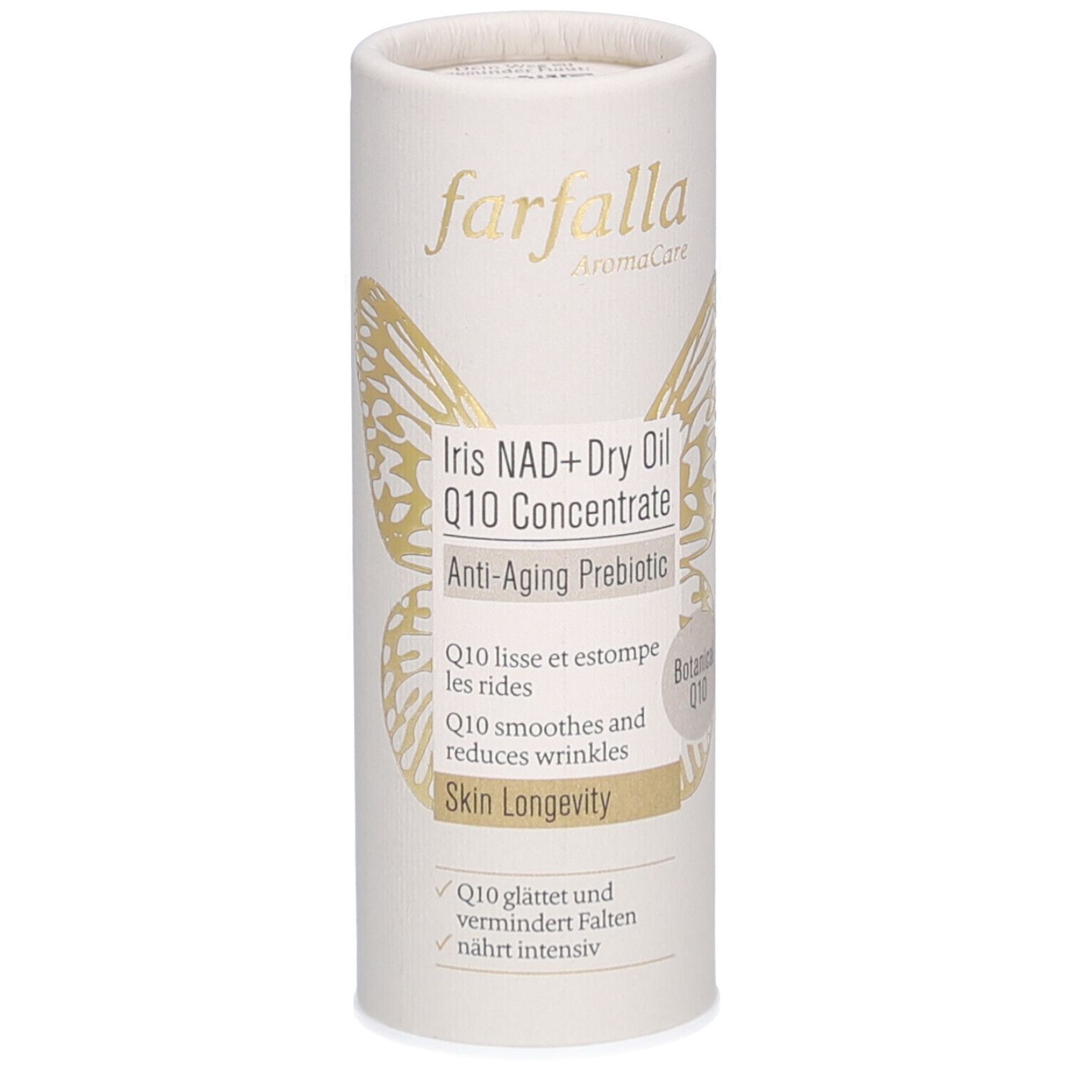 Emballage cylindrique avec nom et logo du produit. Décor papillon doré. Texte : Iris NAD+ Dry Oil Q10 Concentrate.