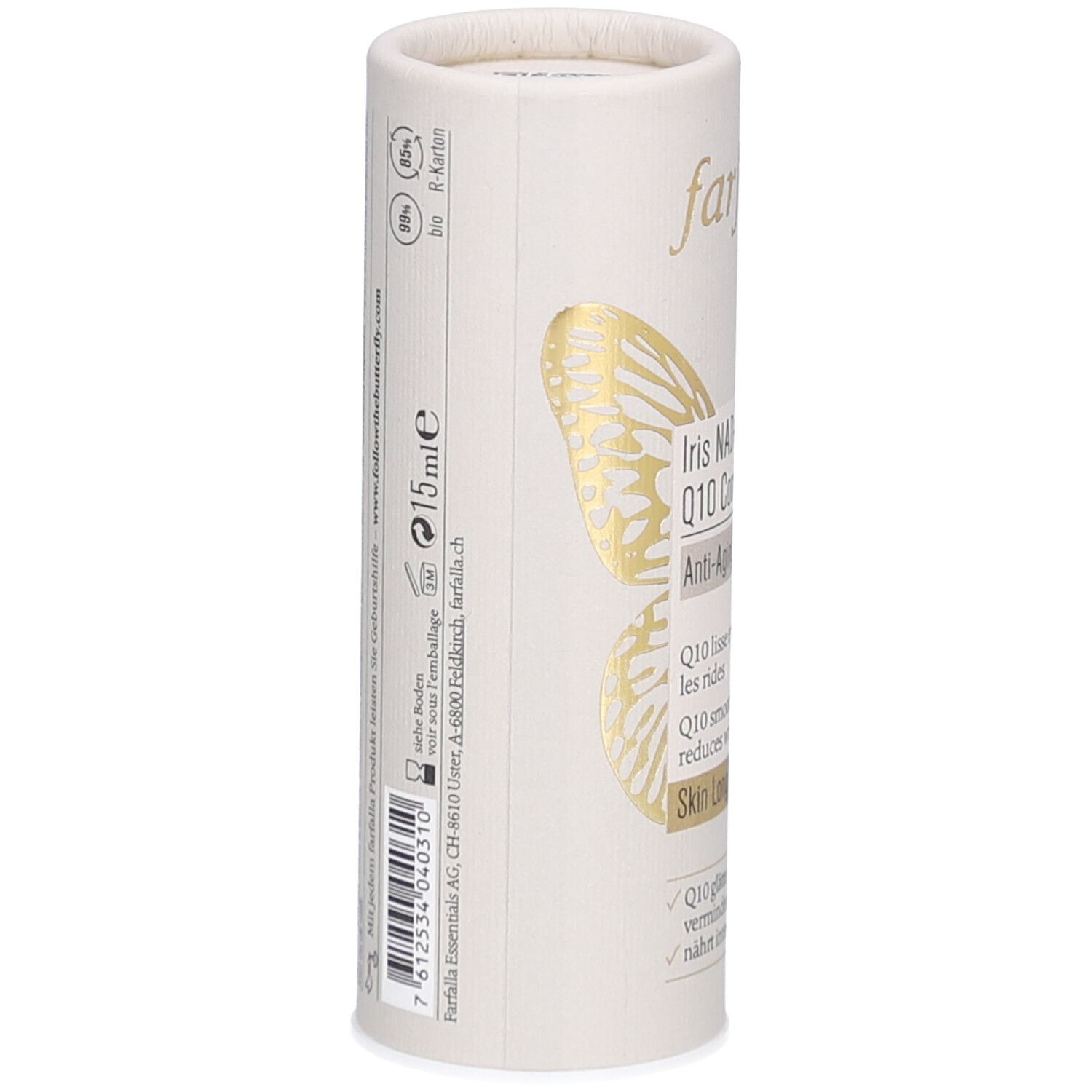 Vue latérale de l'emballage cylindrique. Texte : 15ml, code-barres, informations fabricant. Logo : Farfalla Essentials AG.