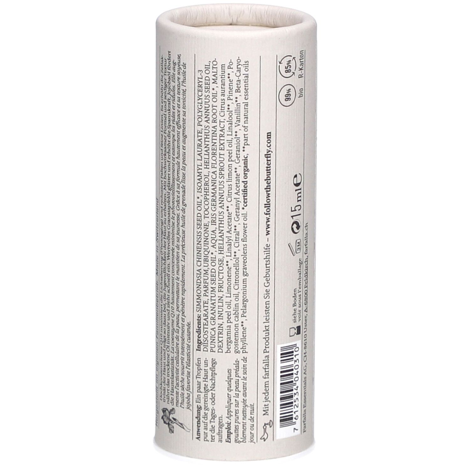 Dos de l'emballage cylindrique. Texte : Ingrédients, instructions d'utilisation. Logo : Farfalla. Certifications.