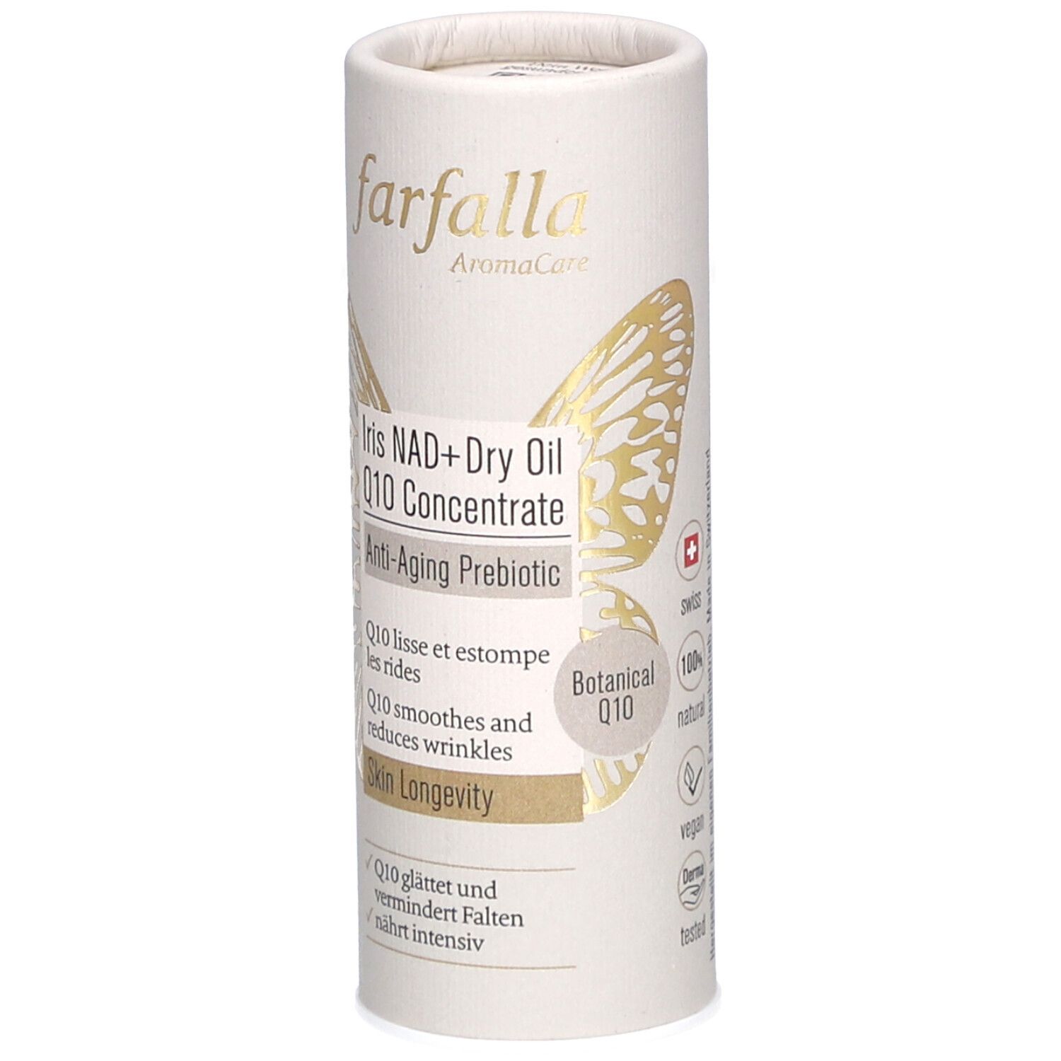 Emballage cylindrique avec nom et logo du produit. Décor papillon doré. Texte : Iris NAD+ Dry Oil Q10 Concentrate. Certifications.