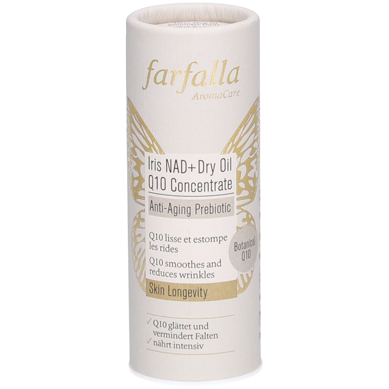 Emballage cylindrique avec nom et logo du produit. Décor papillon doré. Texte : Iris NAD+ Dry Oil Q10 Concentrate.