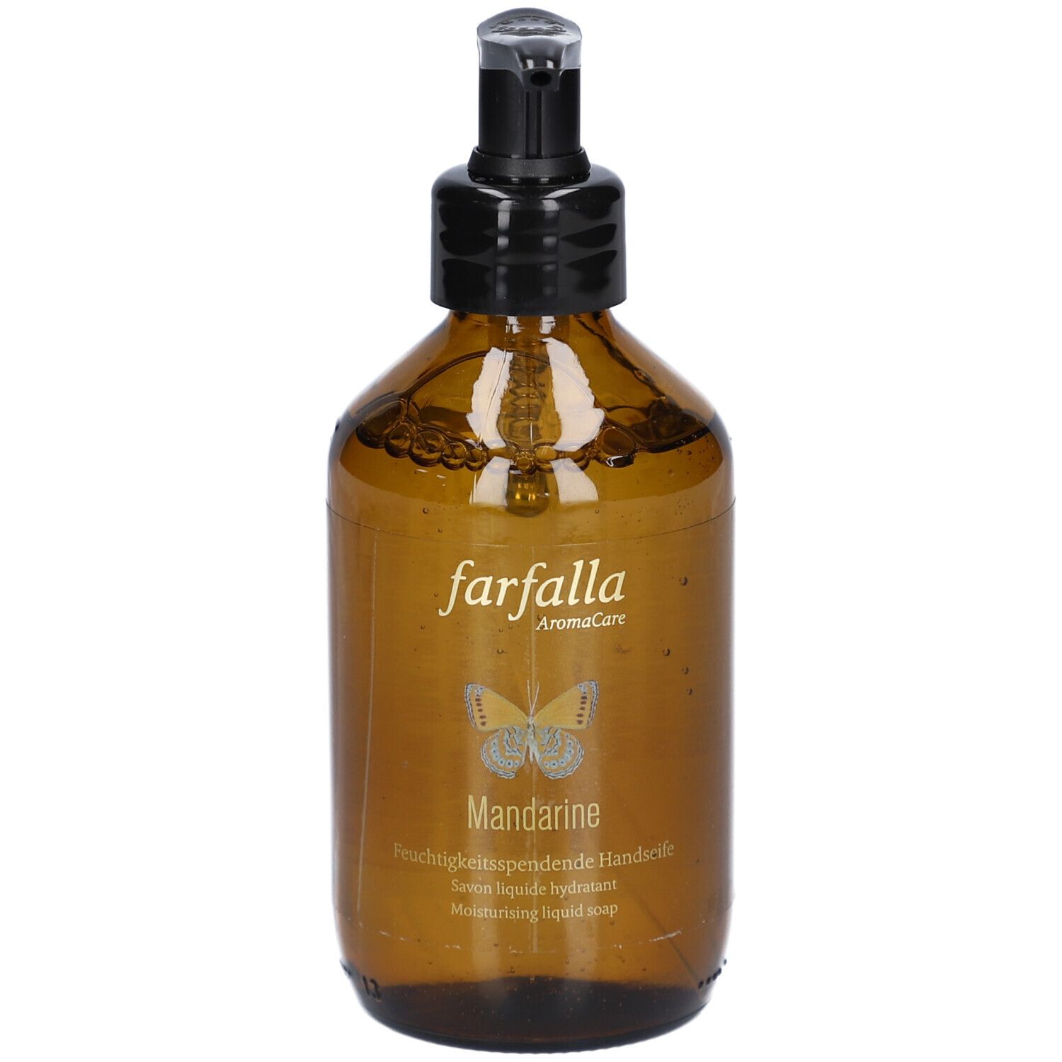 Flacon brun avec pompe noire. Inscription: farfalla, Mandarine, savon liquide hydratant.