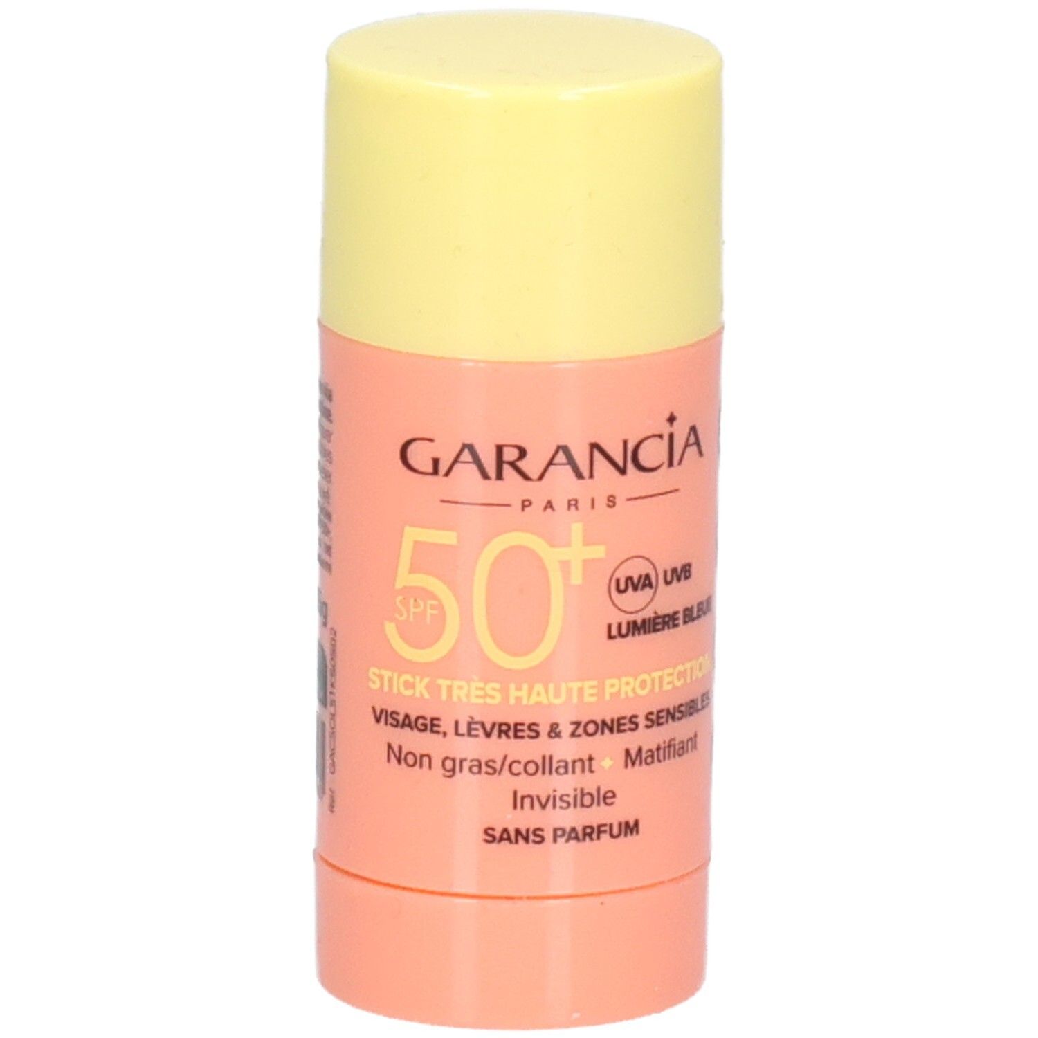 Stick solaire GARANCIA, SPF 50+, avec bouchon jaune et corps rose. Inscription: STICK TRES HAUTE PROTECTION, visage, lèvres.